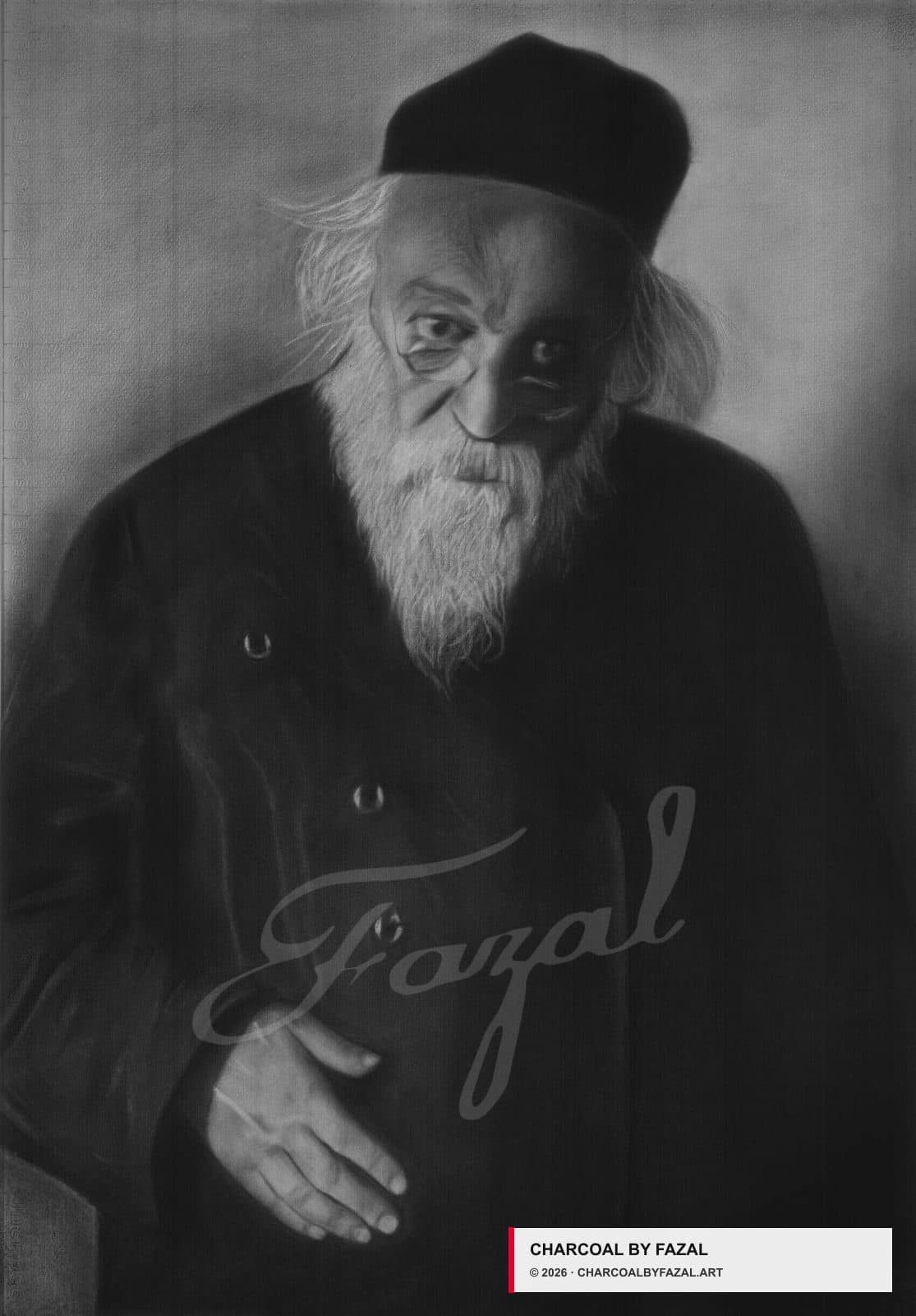 Elder charcoal portrait by Fazal Abbas.