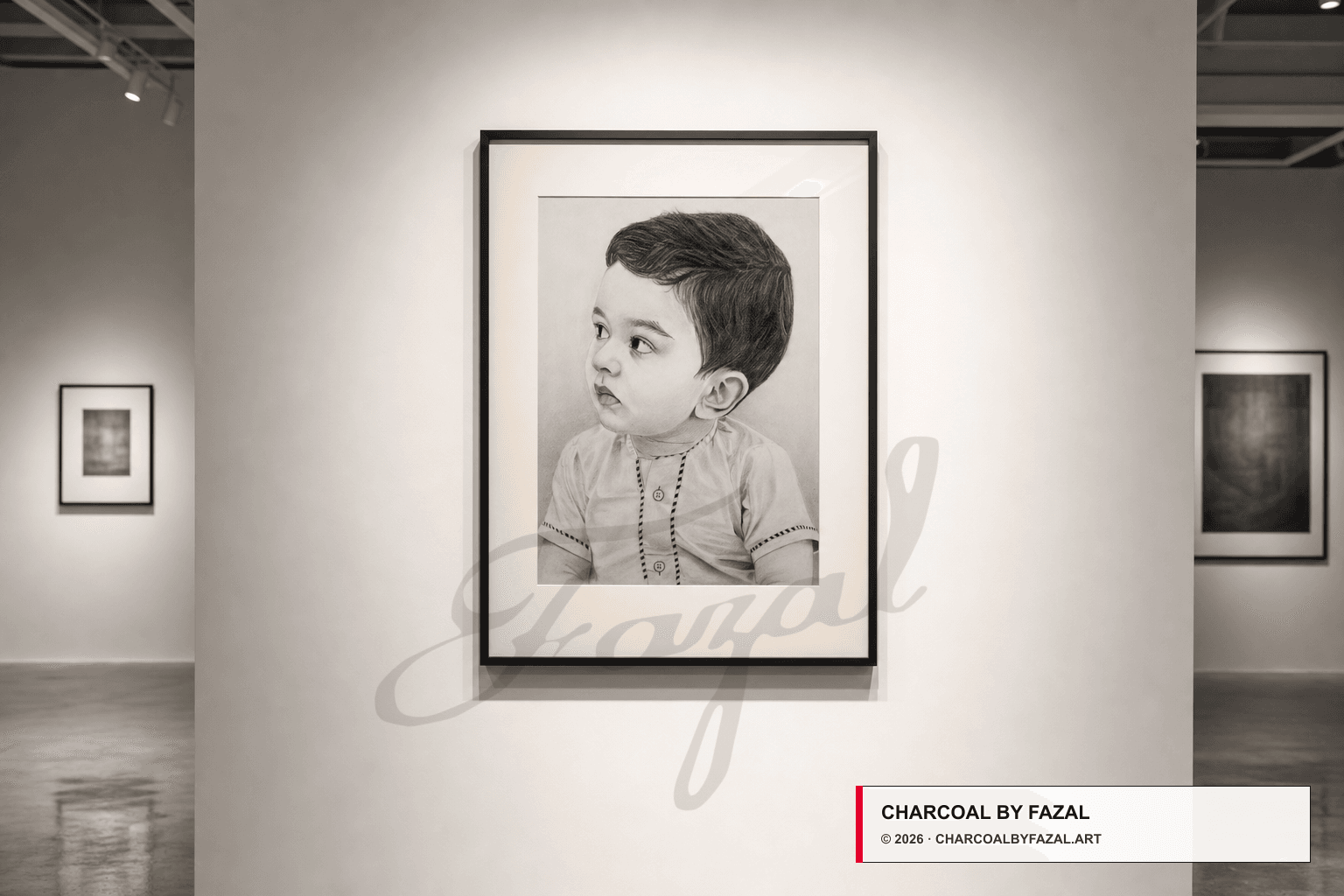 Completed child portrait framed on a gallery wall.