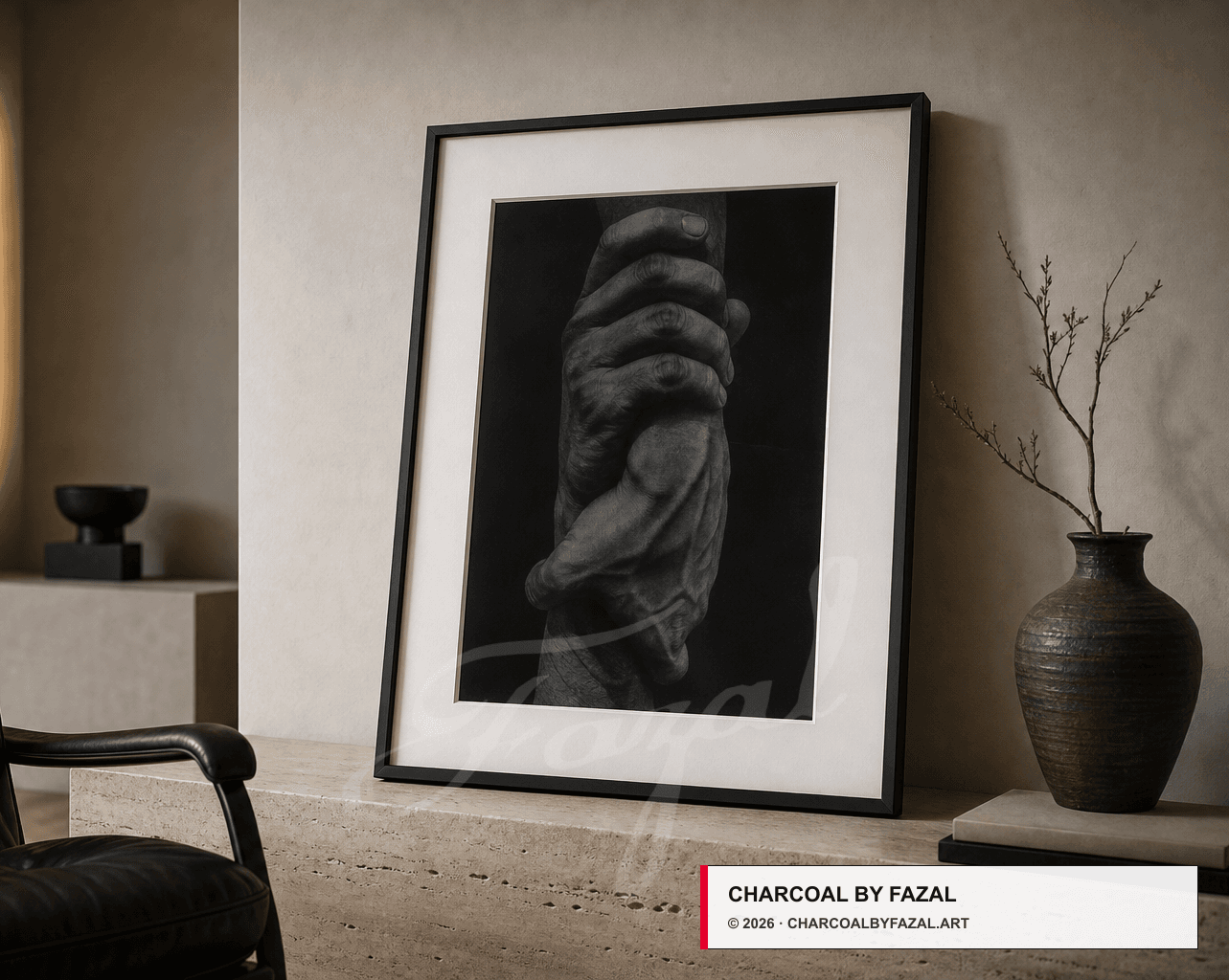 Framed charcoal hand study displayed in a quiet interior.